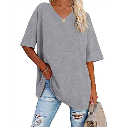 Women's Plus Size V-Neck Cotton T-Shirt – Casual Loose Fit Half-Sleeve Top