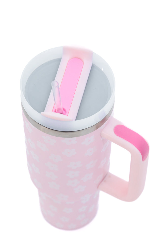 Sippin' Pretty Light Pink Daisy 40 oz Drink Tumbler With Lid And Straw