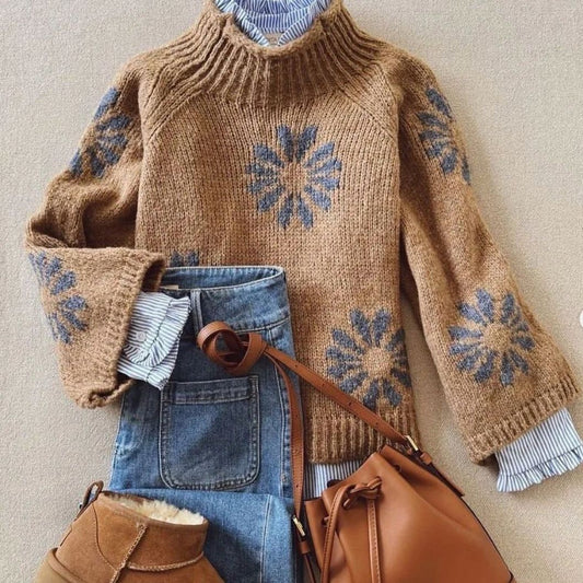 Retro Brown Mock Neck Long Sleeve Sweater