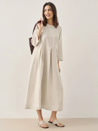 100% Linen Bateau Neck Pleated Maxi Dress