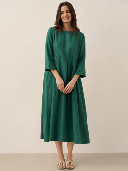 100% Linen Bateau Neck Pleated Maxi Dress