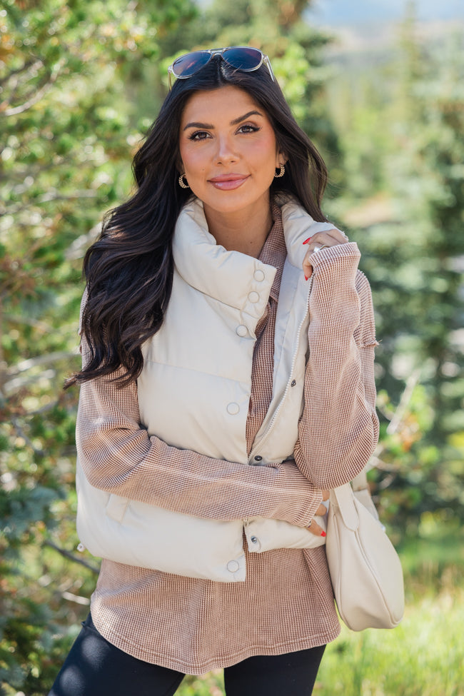 Never Letting Go Cream Faux Leather Cropped Puffer Vest