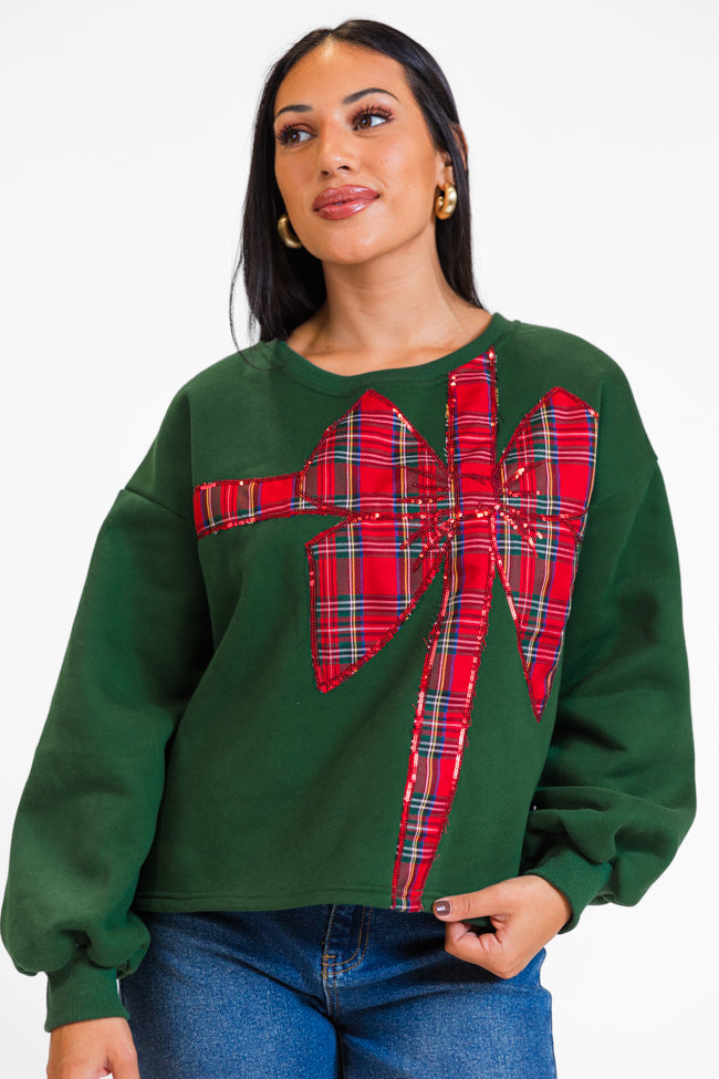 All Tied Up Green Plaid Bow Sweatshirt