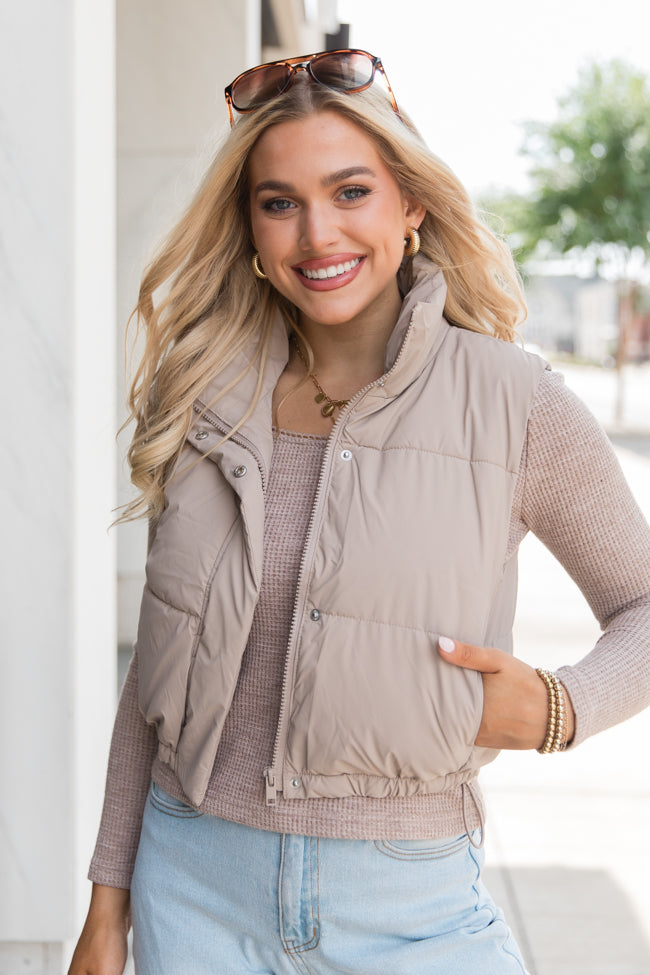 Bunny Slopes Taupe Soft Coated Cropped Puffer Vest