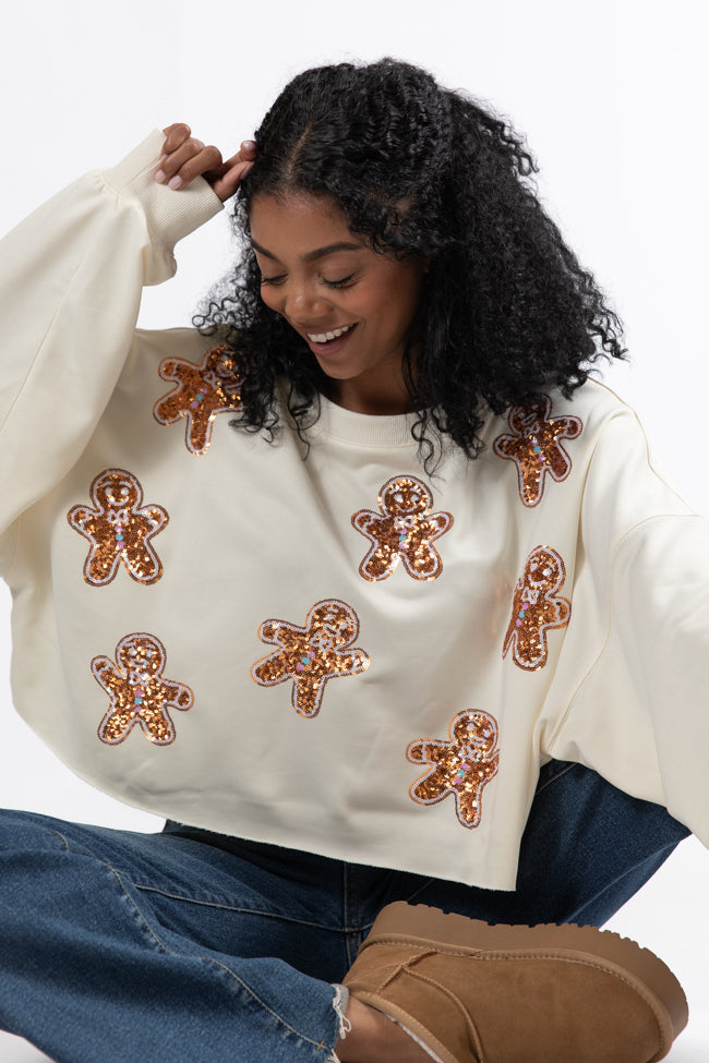 Let's Build A Gingerbread House Cream Sequin Patch Pullover