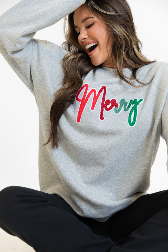 Merry Ombre Chenille Patch Light Grey Oversized Graphic Sweatshirt