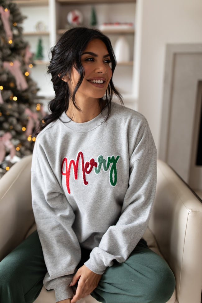 Merry Ombre Chenille Patch Light Grey Oversized Graphic Sweatshirt