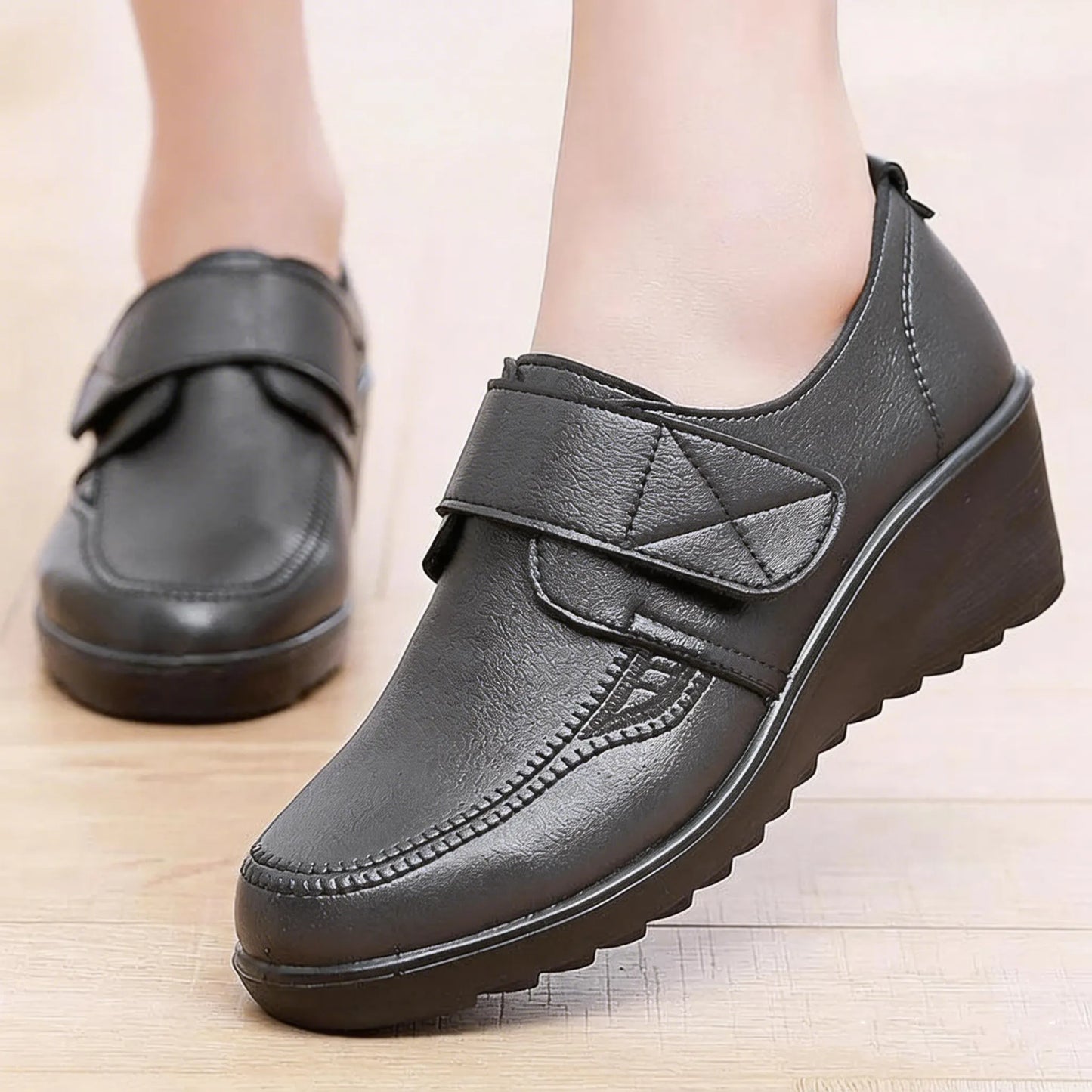 Comfortable Leather Wedge Shoes with Secure Velcro Strap for All-Day Comfort