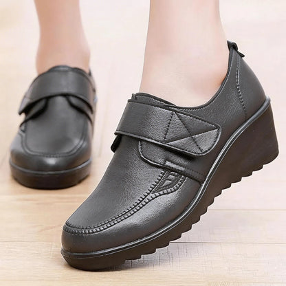 Comfortable Leather Wedge Shoes with Secure Velcro Strap for All-Day Comfort