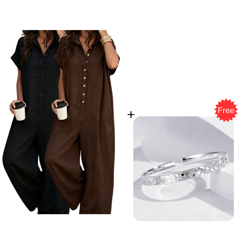 Women's Casual Loose Short Sleeve Button Jumpsuit – Comfortable, Flattering & Effortlessly Stylish