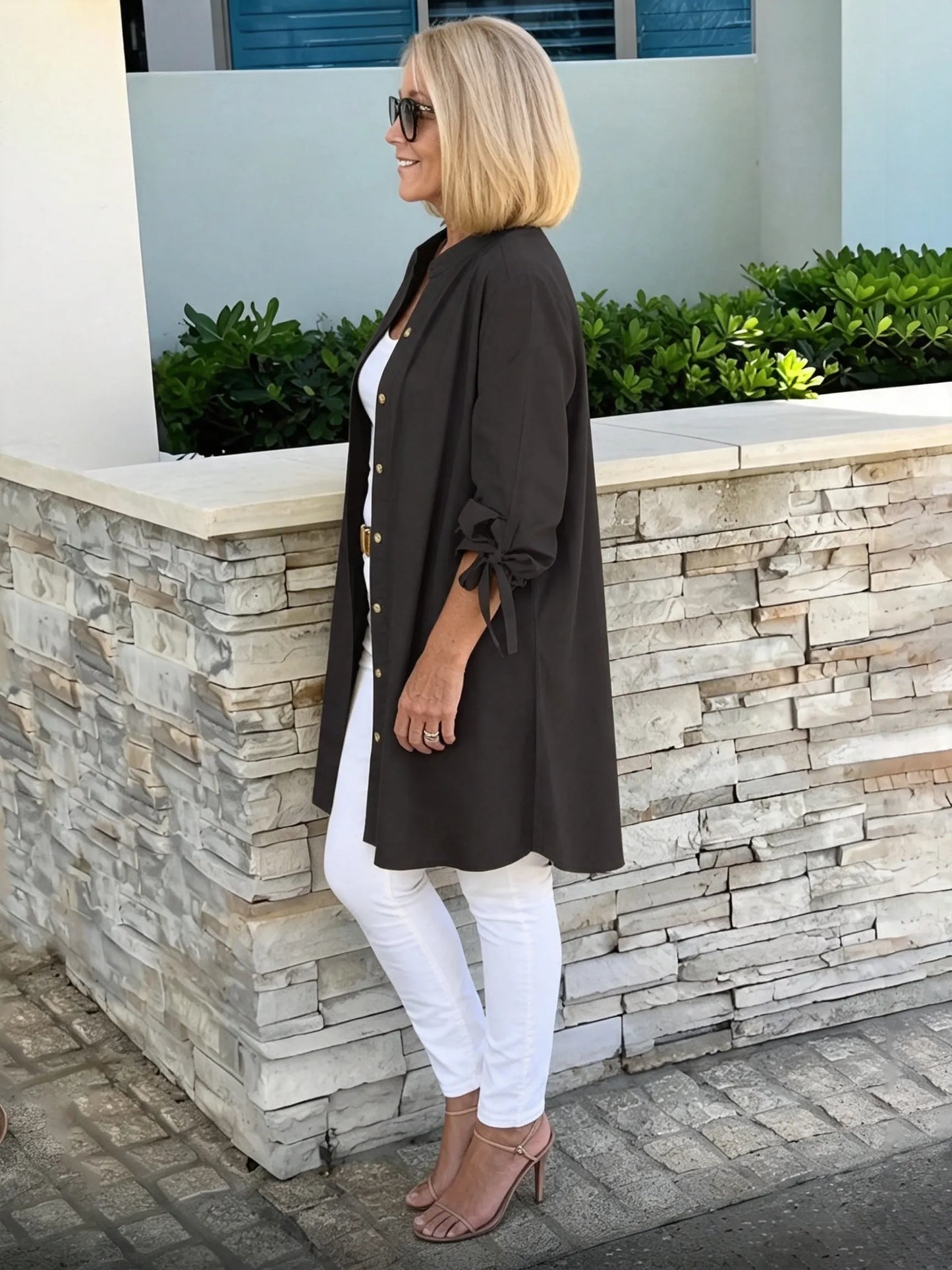 Solid Color Long Cotton Shirt Jackets Women Swing Jacket Shap Flattering Gathered Yolk At The Back