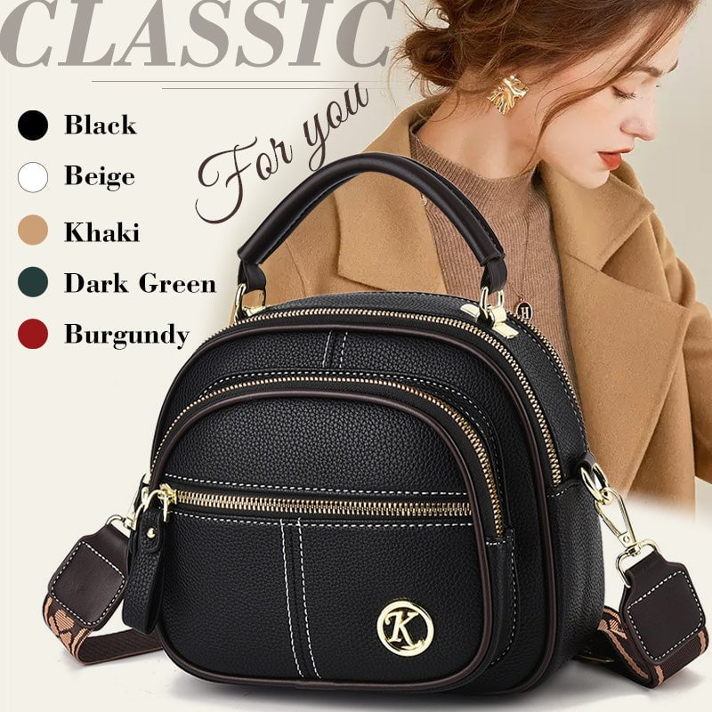 Classic Leather Crossbody Bag with Multifunctional Compartments & Adjustable Wide Strap