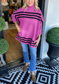 Women's High Neck Bat Sleeve Striped Sweater