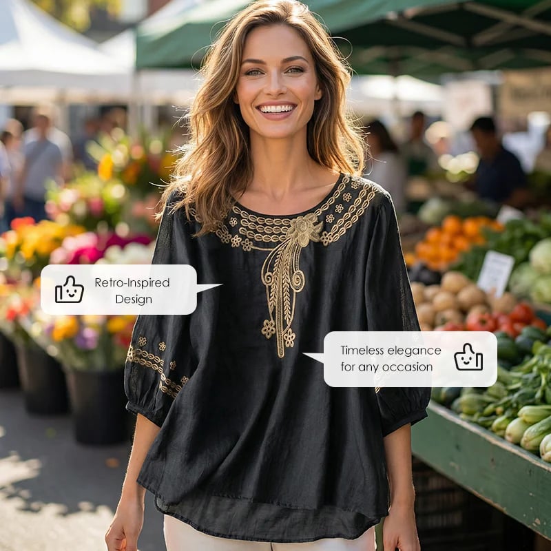 👚 LIMITED-TIME 49% OFF! 💥 Women's Embroidered Cotton-Linen Blend Blouse – Floral Cutouts, Round Neck, Relaxed Fit ✨