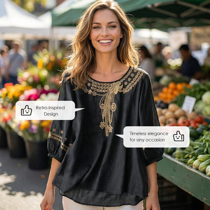 👚 LIMITED-TIME 49% OFF! 💥 Women's Embroidered Cotton-Linen Blend Blouse – Floral Cutouts, Round Neck, Relaxed Fit ✨
