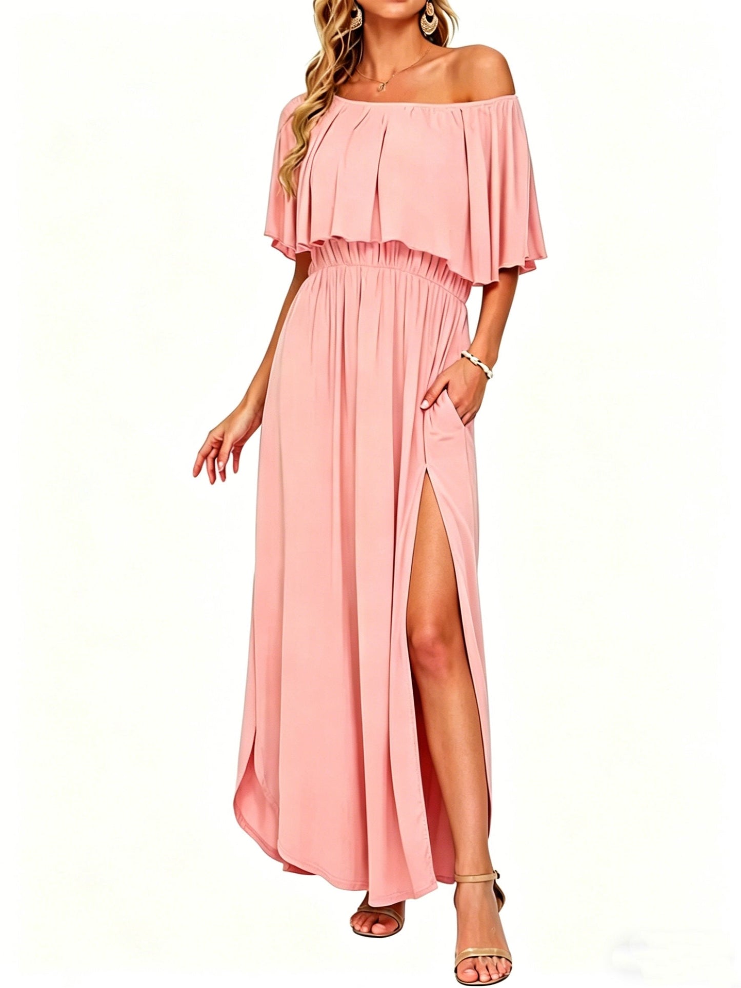 Women's Off The Shoulder Dress Wedding Guest Dress Summer Casual Long Ruffle Party Side Split Beach Maxi Dresses