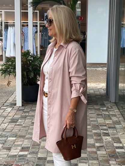 Solid Color Long Cotton Shirt Jackets Women Swing Jacket Shap Flattering Gathered Yolk At The Back