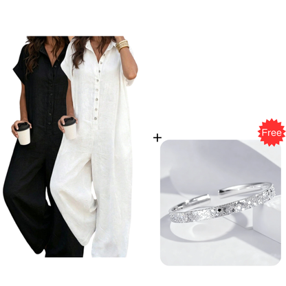 Women's Casual Loose Short Sleeve Button Jumpsuit – Comfortable, Flattering & Effortlessly Stylish