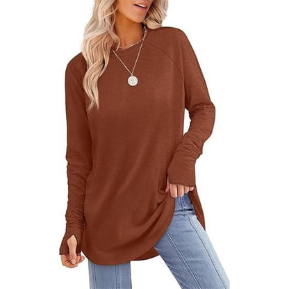 Womens Tunic Tops to Wear with Leggings Long Sleeve Thumb Hole Shirts Crew Neck Curved Hem