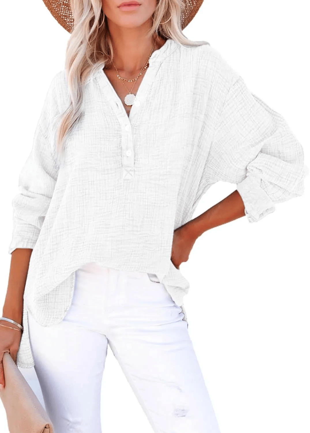 Womens Casual Gauze Button Neck Long Sleeve Oversized Blouses Tops