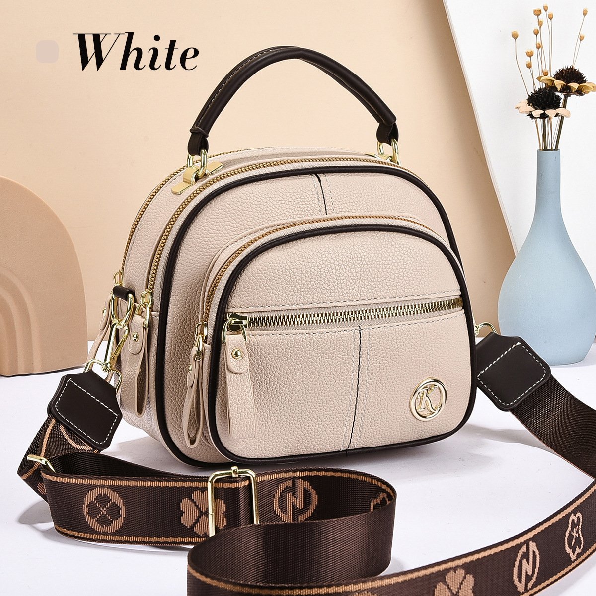 Classic Leather Crossbody Bag with Multifunctional Compartments & Adjustable Wide Strap