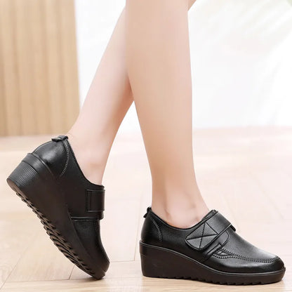 Comfortable Leather Wedge Shoes with Secure Velcro Strap for All-Day Comfort