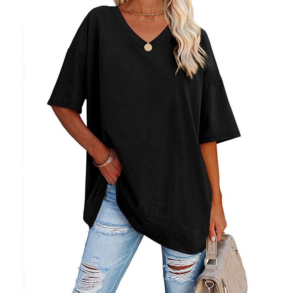 Women's Plus Size V-Neck Cotton T-Shirt – Casual Loose Fit Half-Sleeve Top