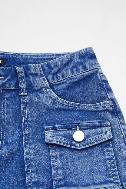Wash Flap Pocket Front Mid Waist Denim Shorts