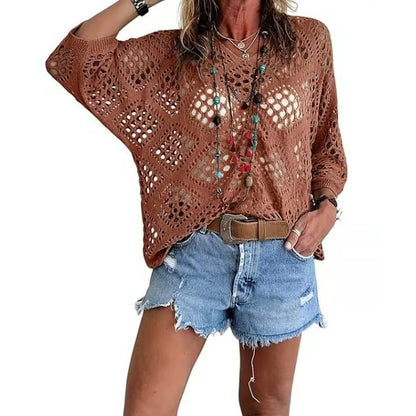 Womens Bohemian-Inspired Beige Crochet Top with V-Neck