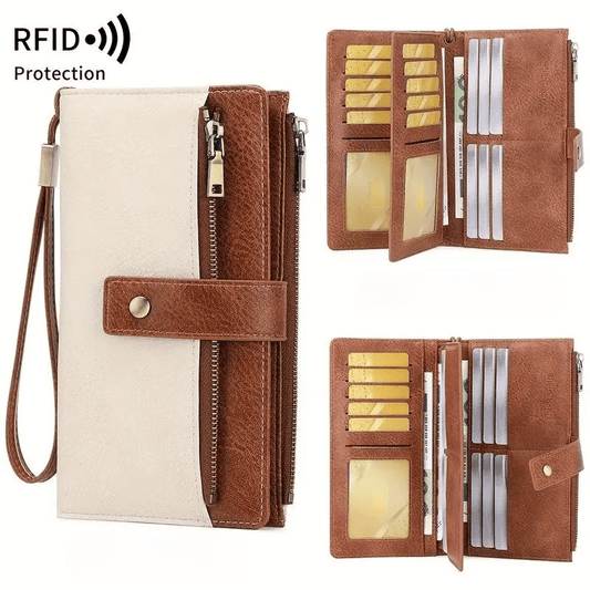 Women's long wallet, stylish clutch, elegant solid color RFID blocking leather wallet