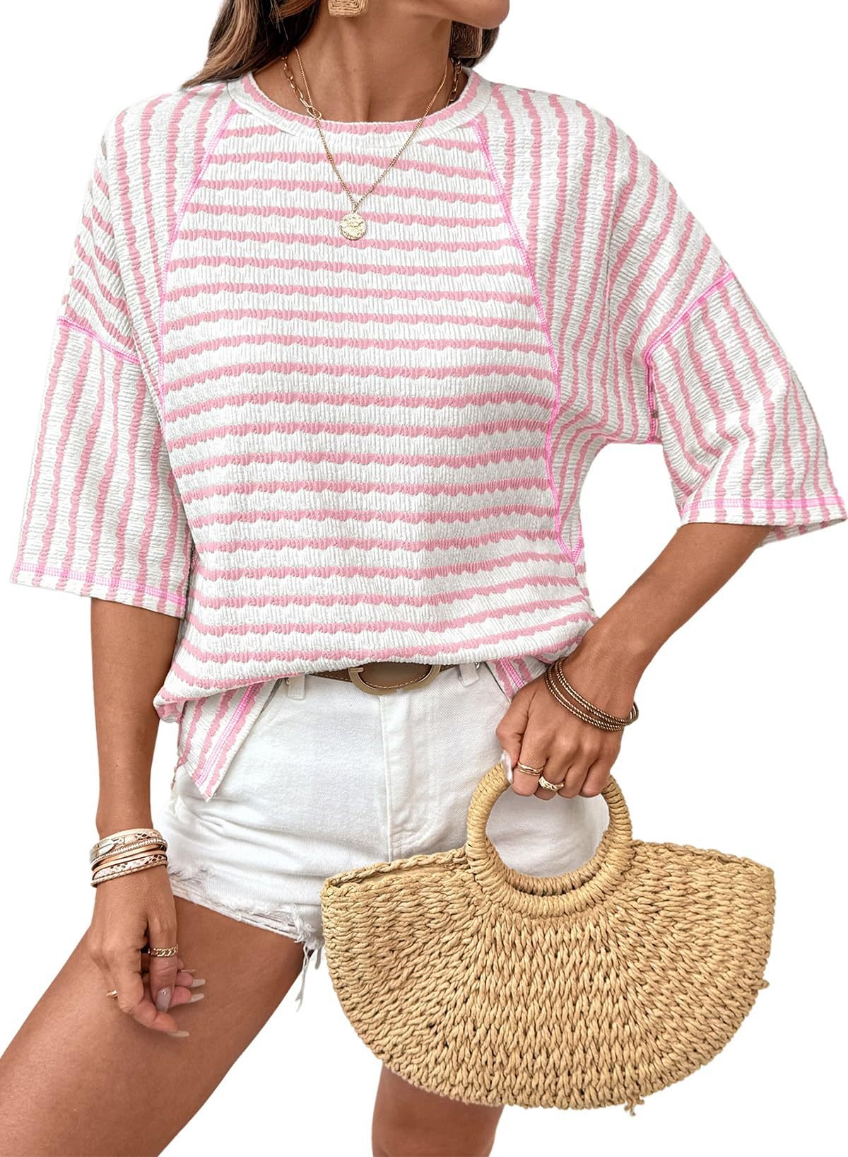 Women's Oversized Striped Color Block Summer T-Shirt