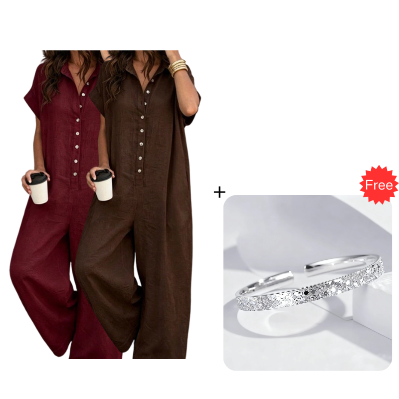 Women's Casual Loose Short Sleeve Button Jumpsuit – Comfortable, Flattering & Effortlessly Stylish