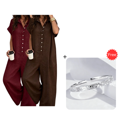 Women's Casual Loose Short Sleeve Button Jumpsuit – Comfortable, Flattering & Effortlessly Stylish