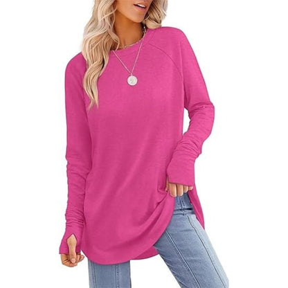 Womens Tunic Tops to Wear with Leggings Long Sleeve Thumb Hole Shirts Crew Neck Curved Hem