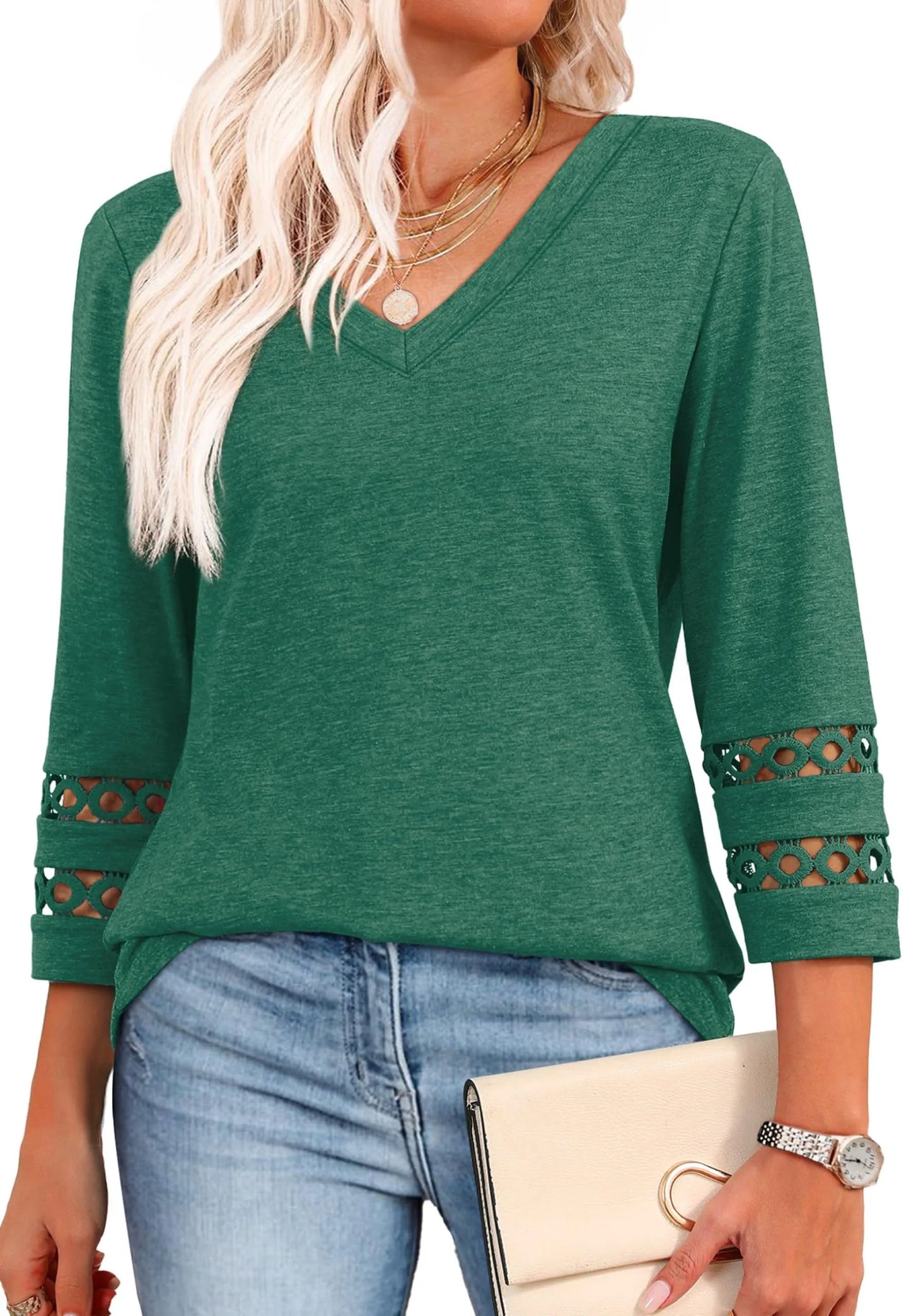 2025 Women’s Casual V-Neck T-Shirts  3/4 Length Sleeve Fashion Tops