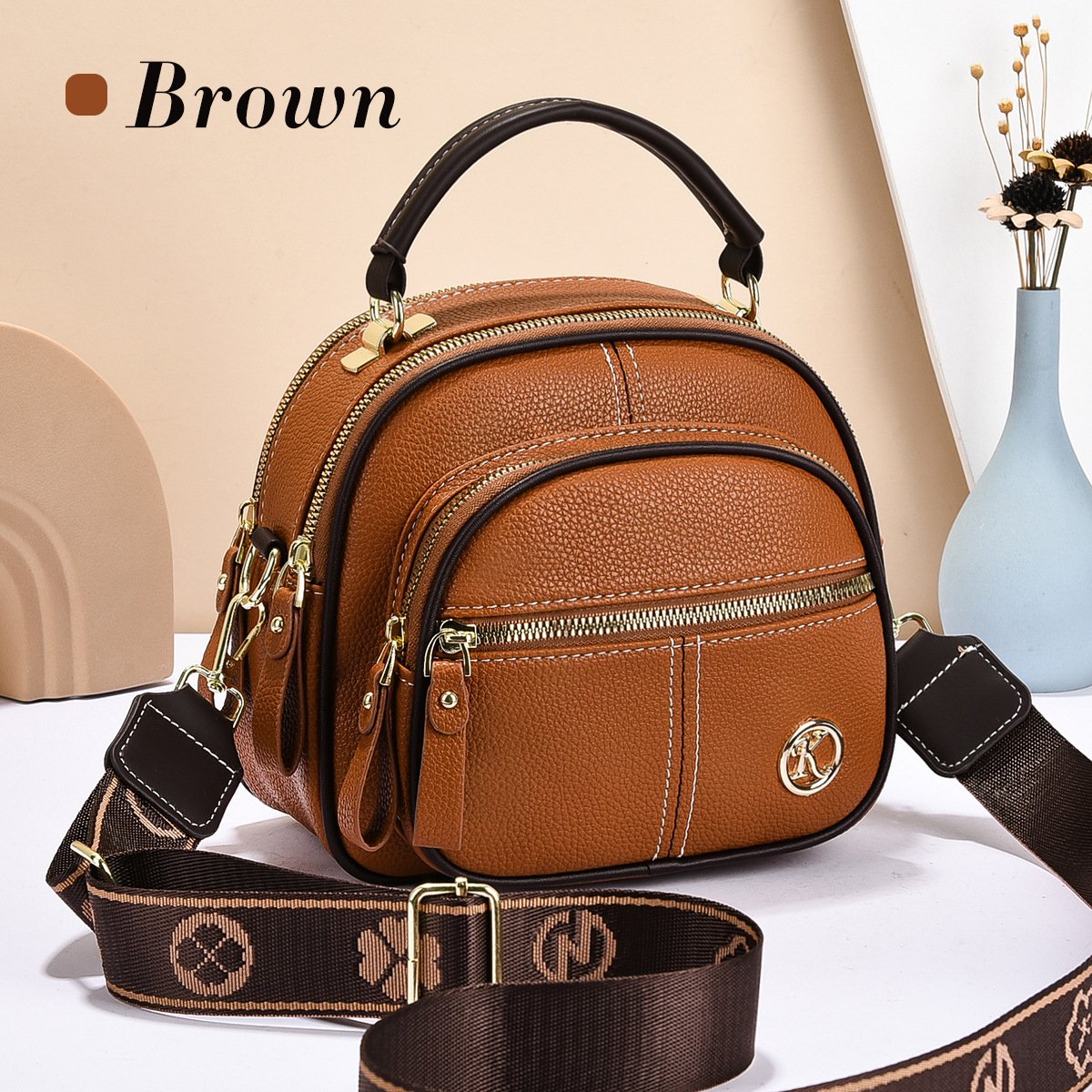 Classic Leather Crossbody Bag with Multifunctional Compartments & Adjustable Wide Strap