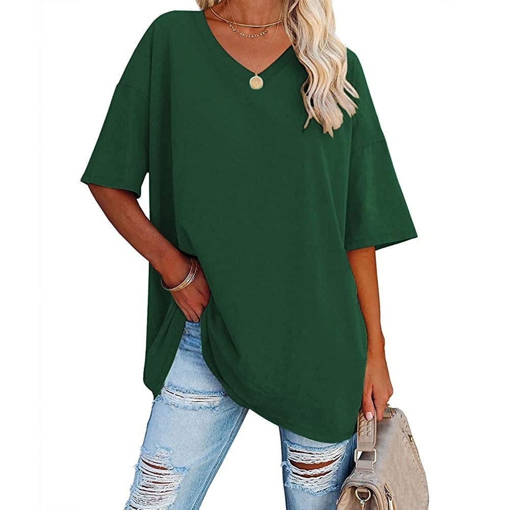 Women's Plus Size V-Neck Cotton T-Shirt – Casual Loose Fit Half-Sleeve Top