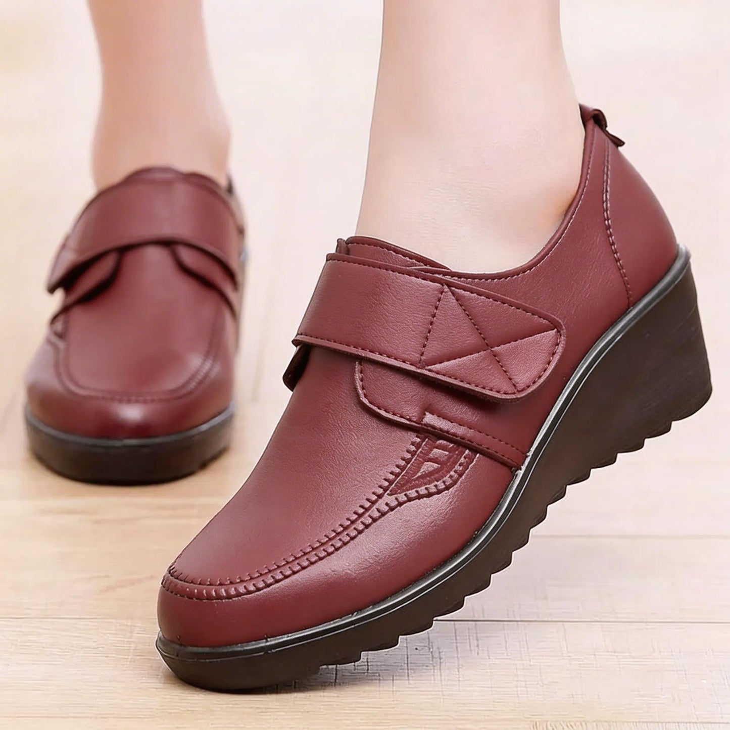 Comfortable Leather Wedge Shoes with Secure Velcro Strap for All-Day Comfort