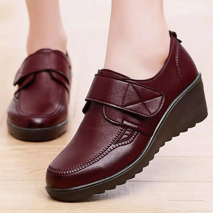 Comfortable Leather Wedge Shoes with Secure Velcro Strap for All-Day Comfort