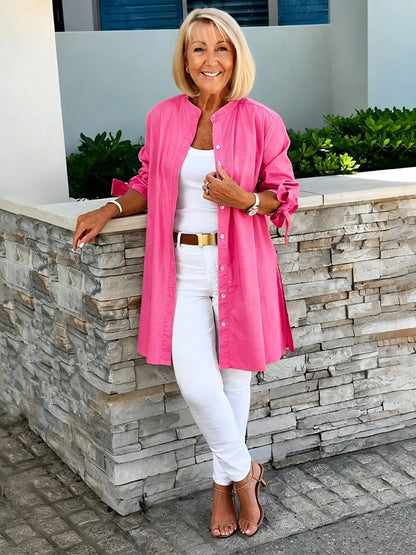 Solid Color Long Cotton Shirt Jackets Women Swing Jacket Shap Flattering Gathered Yolk At The Back