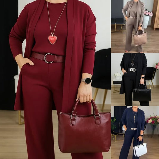 Elegant 3-piece set including long cardigan, top and pants💞
