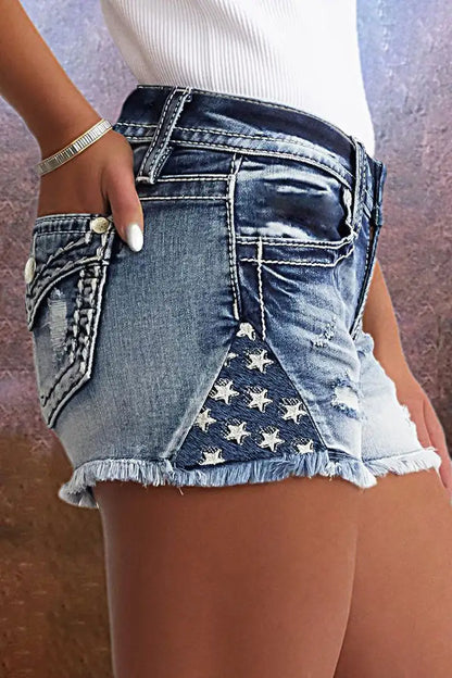 Star & Striped Embroidered Ripped Raw Hem Denim Shorts