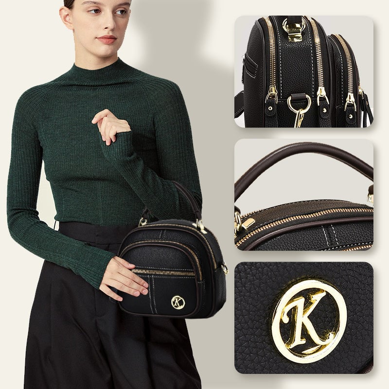 Classic Leather Crossbody Bag with Multifunctional Compartments & Adjustable Wide Strap