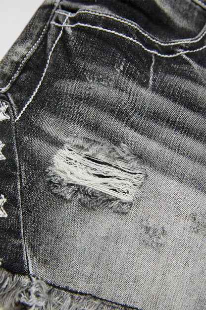 Star & Striped Embroidered Ripped Raw Hem Denim Shorts