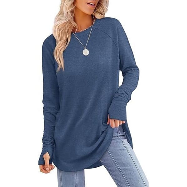 Womens Tunic Tops to Wear with Leggings Long Sleeve Thumb Hole Shirts Crew Neck Curved Hem