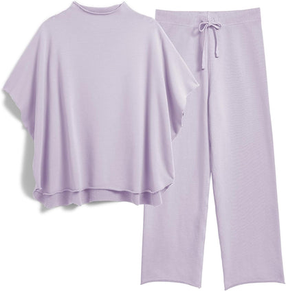 Women's 2-Piece Lounge Set – 3/4 Batwing Sleeve Capelet Top & Wide-Leg Pants