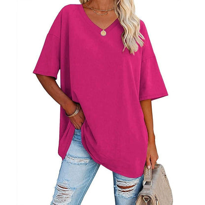 Women's Plus Size V-Neck Cotton T-Shirt – Casual Loose Fit Half-Sleeve Top