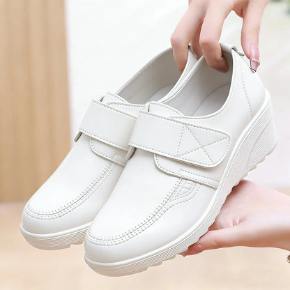 Comfortable Leather Wedge Shoes with Secure Velcro Strap for All-Day Comfort