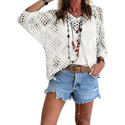 Womens Bohemian-Inspired Beige Crochet Top with V-Neck