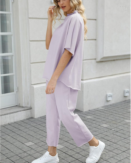 Women's 2-Piece Lounge Set – 3/4 Batwing Sleeve Capelet Top & Wide-Leg Pants